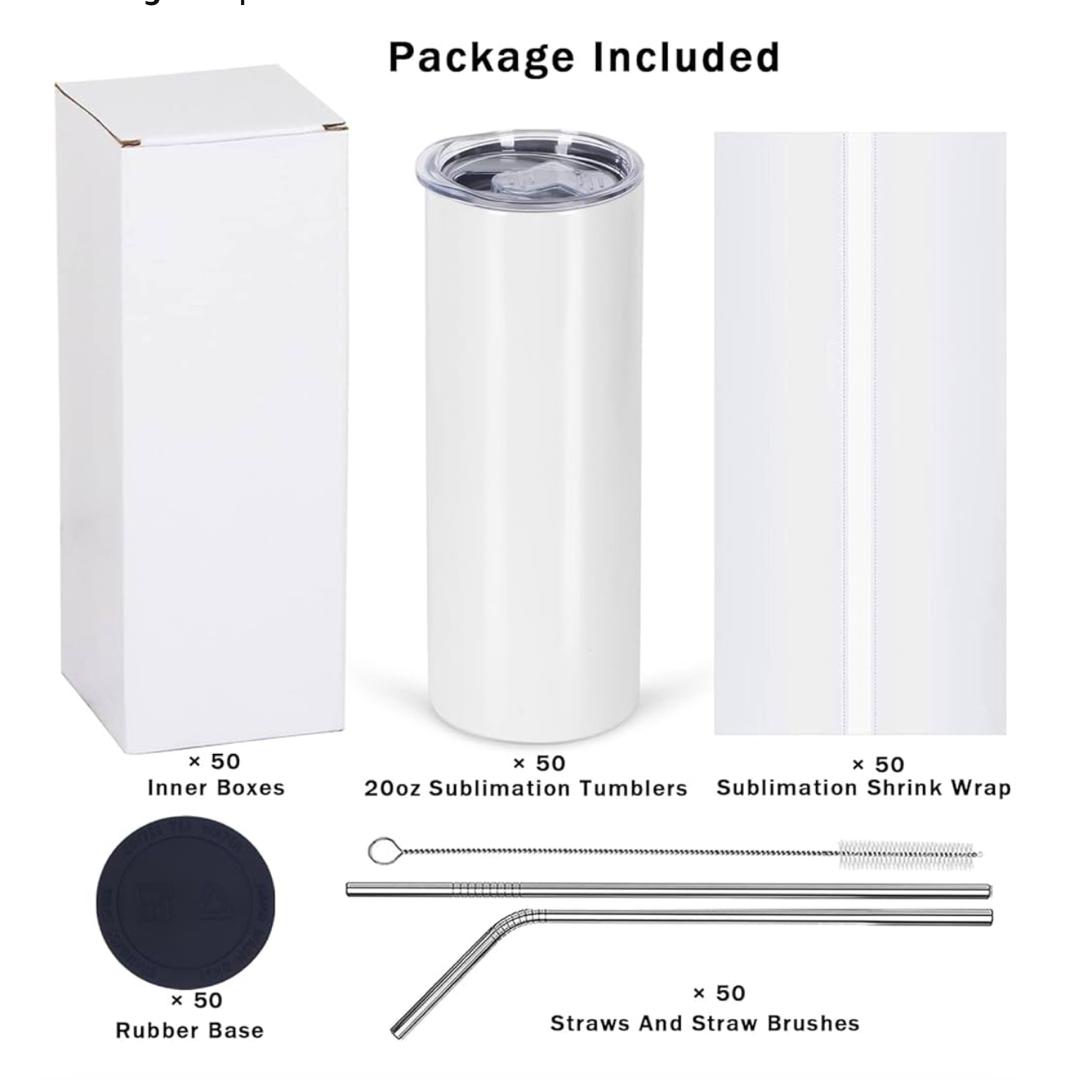 Sublimation Tumblers 20oz Skinny Bulk, Stainless Steel Double Wall Insulated Straight Sublimation Tumbler Cups Blank White With Lid, Individualy Box, Polymer Coating For Heat Transfer