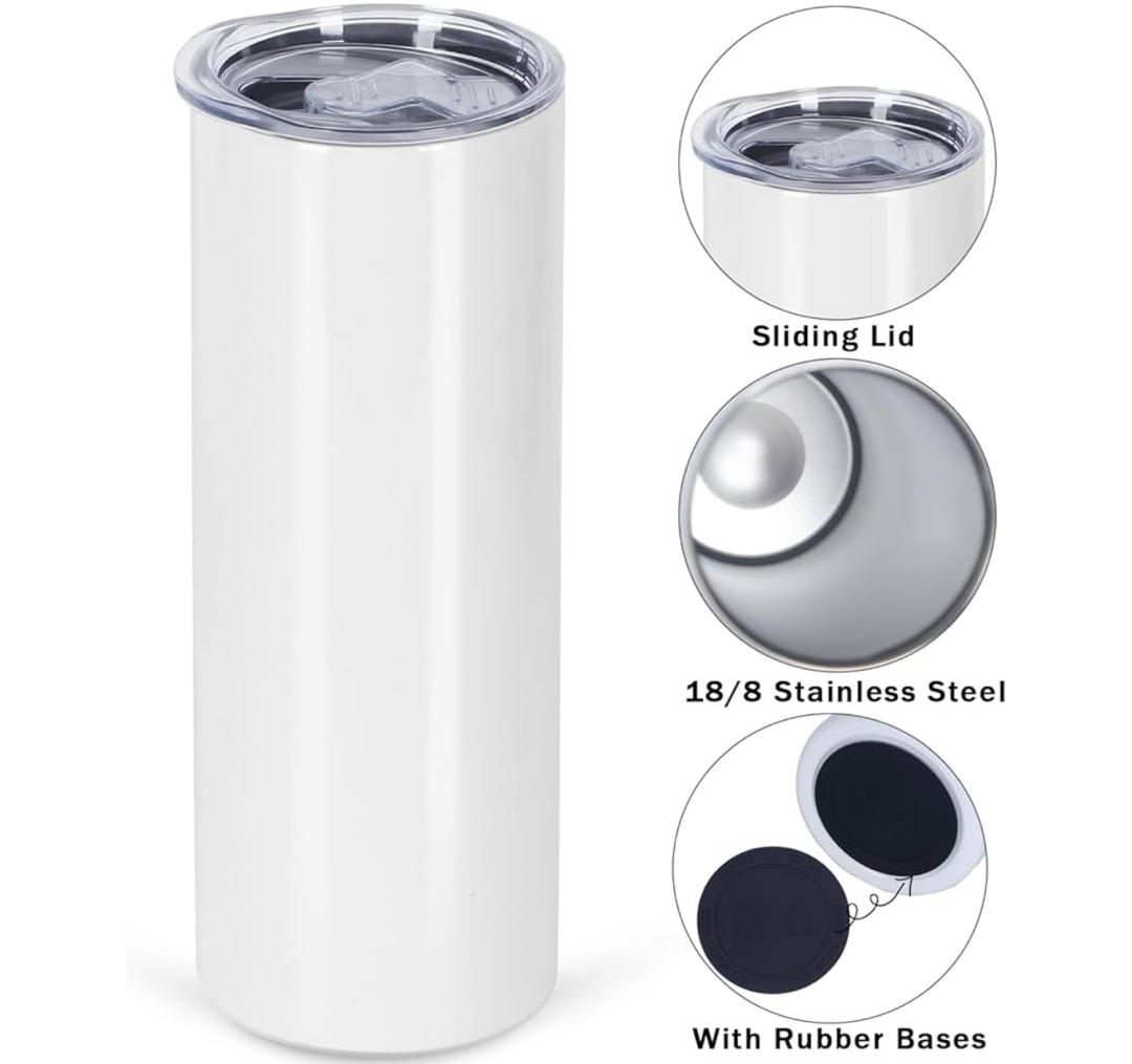 Sublimation Tumblers 20oz Skinny Bulk, Stainless Steel Double Wall Insulated Straight Sublimation Tumbler Cups Blank White With Lid, Individualy Box, Polymer Coating For Heat Transfer